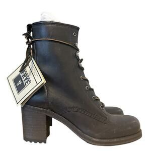 Vintage Frye Karen Black Leather Lace Up Block Heel Boots Size 10
